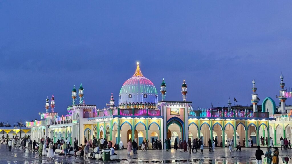 The shrine illuminated at dusk